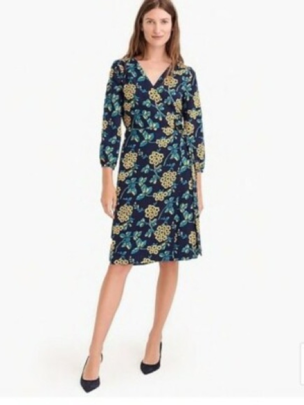 J. Crew 6 Golden Floral Wrap Dress in 365 Crepe Navy Blue Yellow - Picture 2 of 8